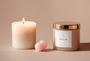 A close-up of a lip balm and a bubble cube candle, emphasizing their cute and practical appeal.