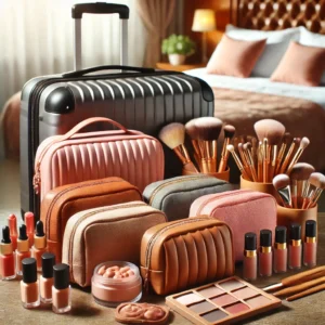 A visually appealing image of different cosmetic pouches arranged in a travel setting, like on a suitcase or vanity table.