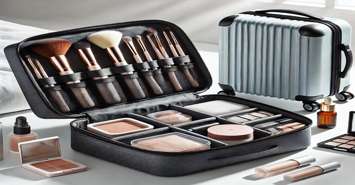 A stylish, organized travel makeup bag with compartments for brushes and skincare products, laid open with neatly arranged beauty items, alongside a suitcase for travel."