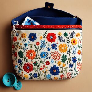 Customizing a DIY cosmetic pouch with embroidery and buttons.