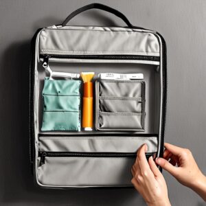 Highlight its multiple compartments and hanging hook.